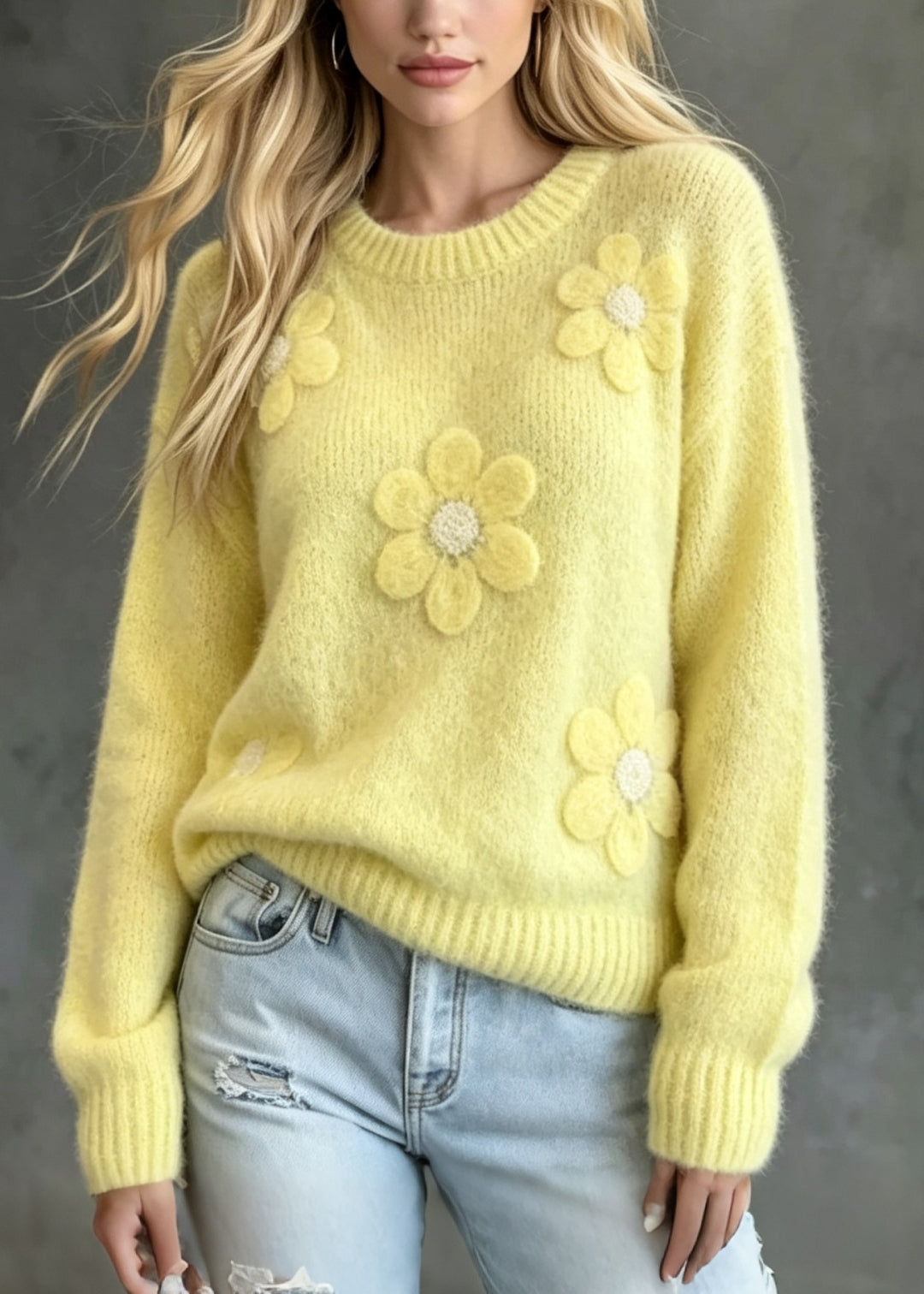 Loose Yellow O Neck Floral Thick Cozy Knit Sweaters Fall