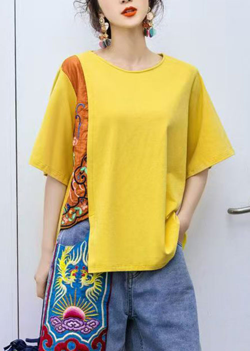 Loose Yellow O Neck Patchwork Cotton T Shirt Summer