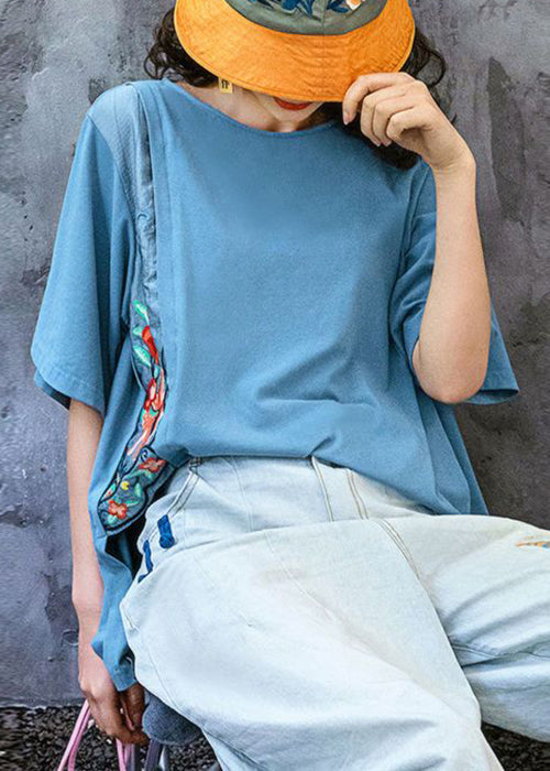 Loose Yellow O Neck Patchwork Cotton T Shirt Summer