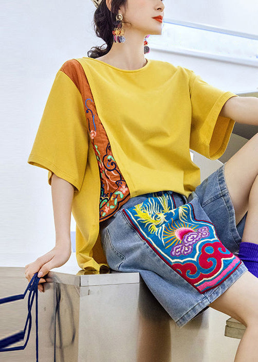 Loose Yellow O Neck Patchwork Cotton T Shirt Summer
