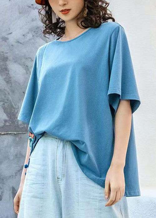 Loose Yellow O Neck Patchwork Cotton T Shirt Summer