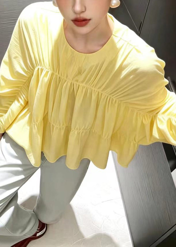 Loose Yellow O-Neck Ruched Blouses Long Sleeve