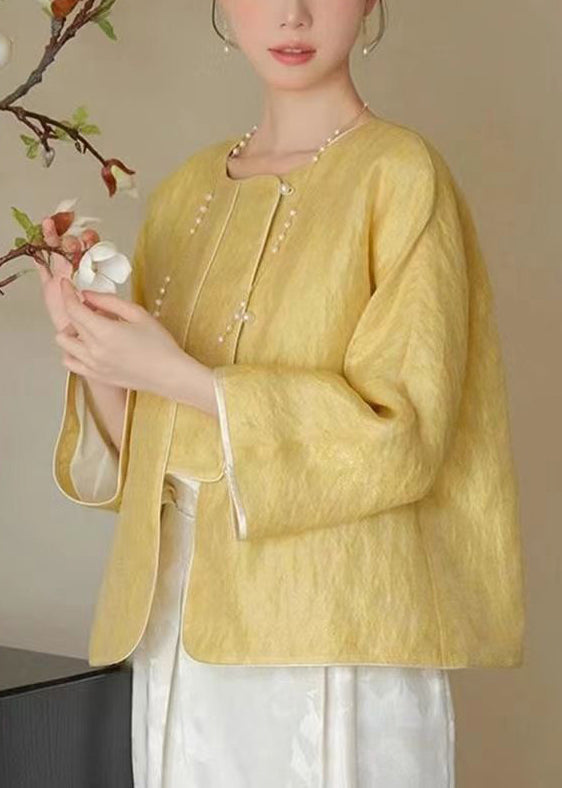 Loose Yellow O-Neck Solid Button Silk Coats Spring