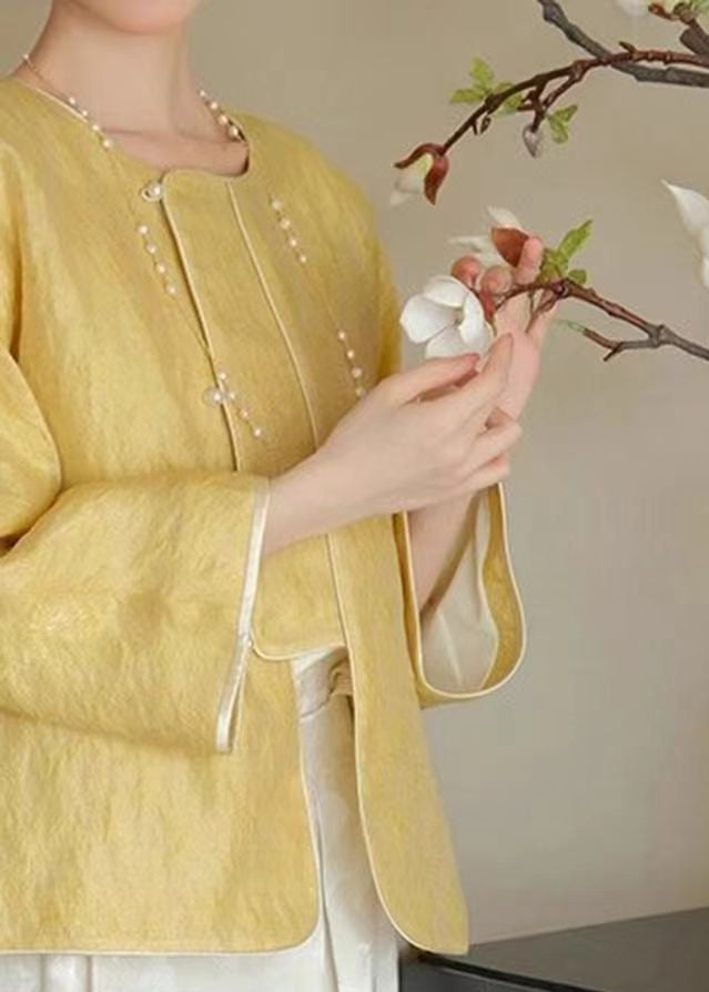 Loose Yellow O-Neck Solid Button Silk Coats Spring