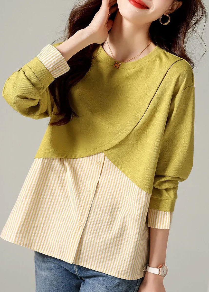 Loose Yellow O-Neck Striped Patchwork T Shirts Long Sleeve - Omychic