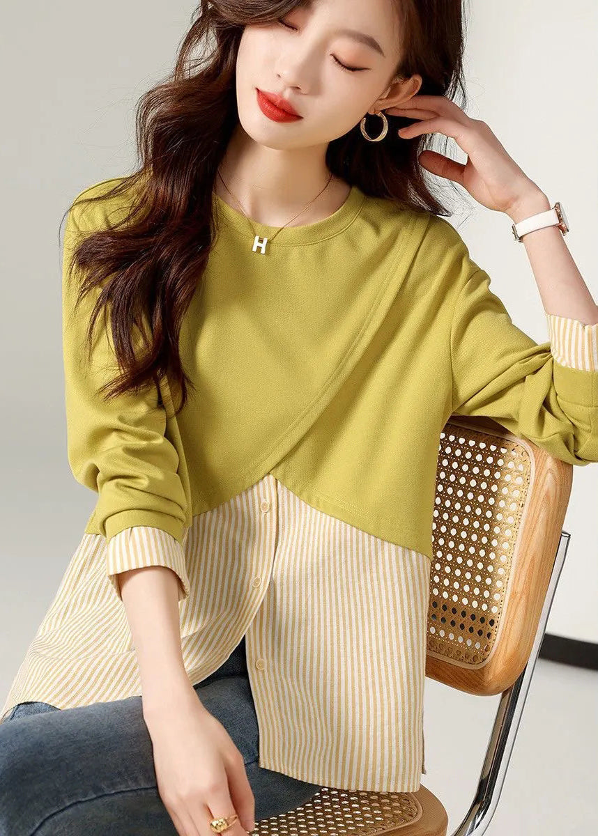 Loose Yellow O-Neck Striped Patchwork T Shirts Long Sleeve - Omychic