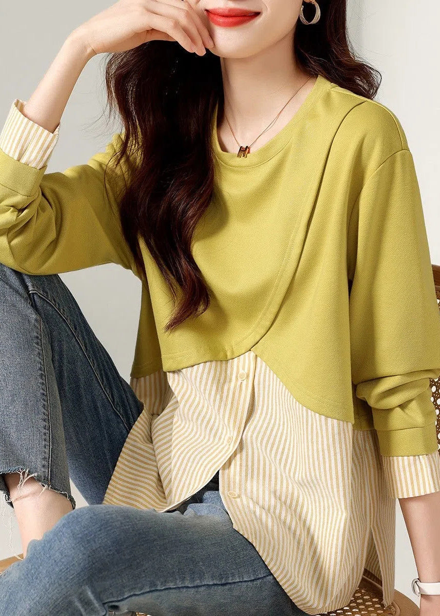 Loose Yellow O-Neck Striped Patchwork T Shirts Long Sleeve - Omychic