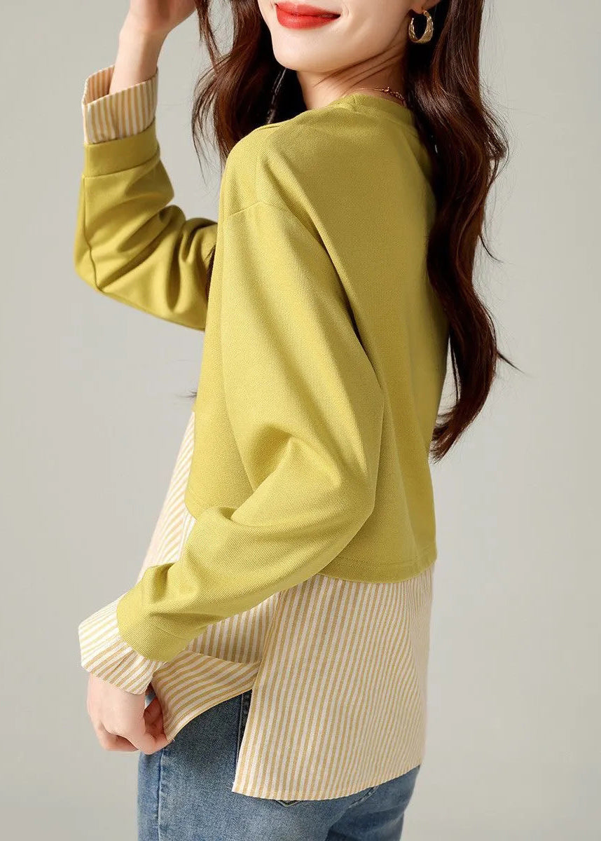 Loose Yellow O-Neck Striped Patchwork T Shirts Long Sleeve - Omychic