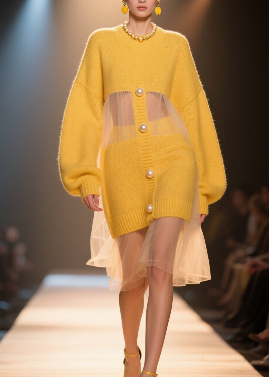 Loose Yellow O Neck Tulle Patchwork Knit Long Sweater Fall
