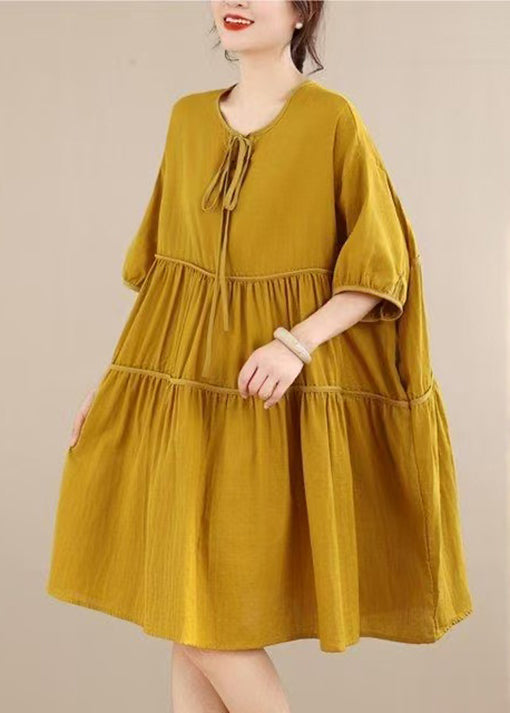 Loose Yellow O Neck Wrinkled Patchwork Cotton Mid Dress Summer