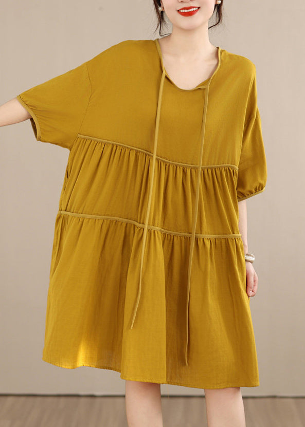 Loose Yellow O Neck Wrinkled Patchwork Cotton Mid Dress Summer