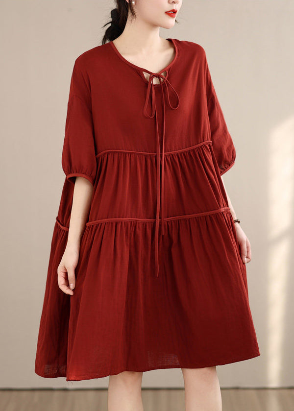 Loose Yellow O Neck Wrinkled Patchwork Cotton Mid Dress Summer