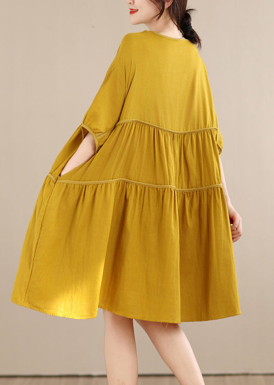 Loose Yellow O Neck Wrinkled Patchwork Cotton Mid Dress Summer