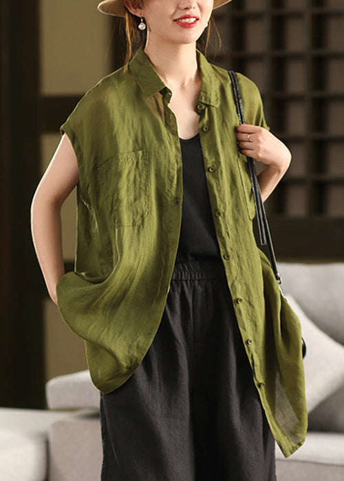 Loose Yellow Peter Pan Collar Button Pockets Cotton Shirt Summer