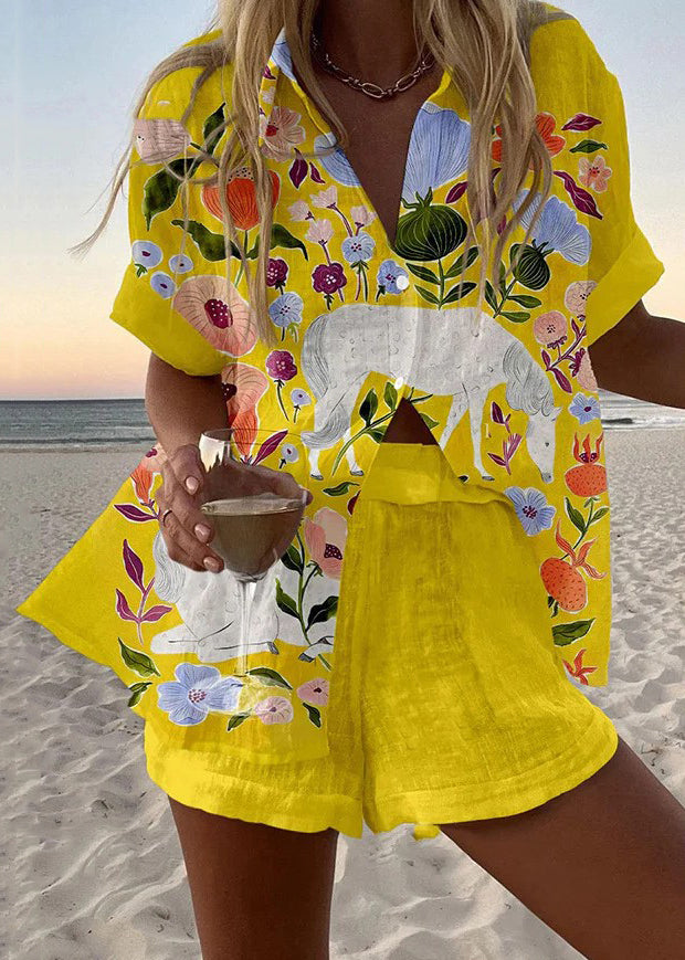 Loose Yellow Peter Pan Collar Print Button Cotton Two Pieces Set Summer