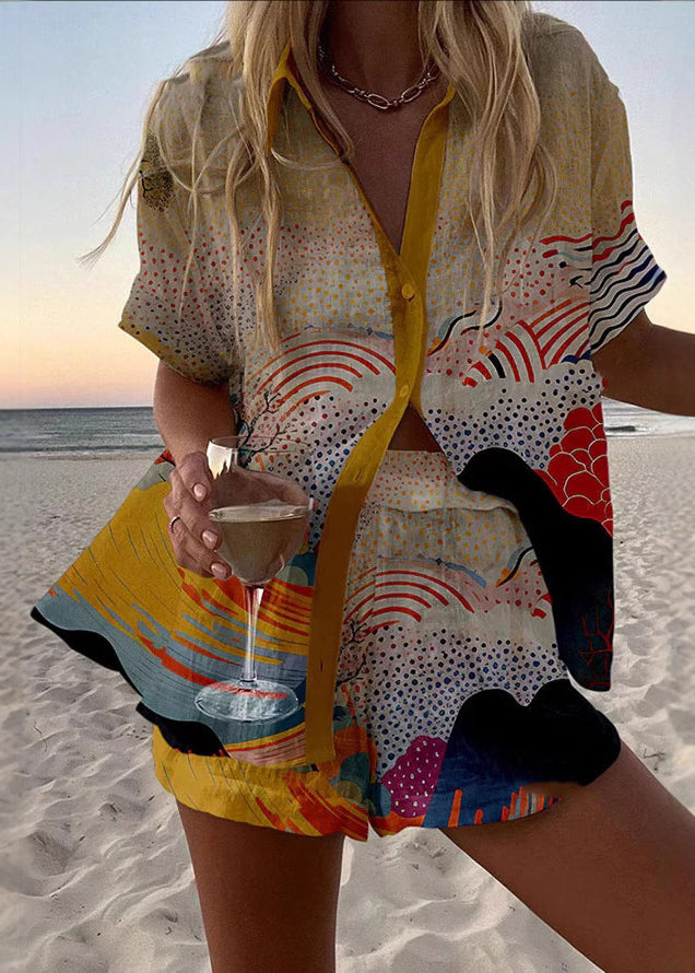 Loose Yellow Peter Pan Collar Print Button Cotton Two Pieces Set Summer
