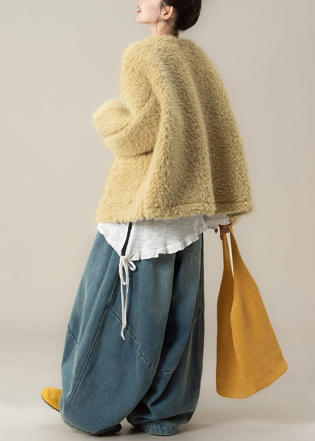 Loose Yellow Pockets Coat And Denim Wide Leg Pants Teddy Faux Fur Two Piece Set Winter