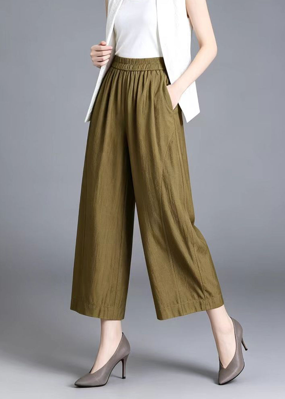 Loose Yellow Pockets Draping Elastic Waist Wide Leg Crop Pants Fall
