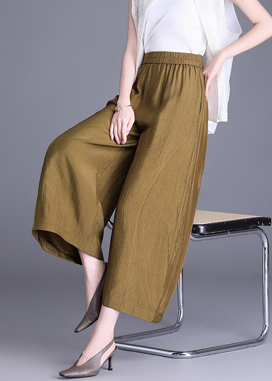 Loose Yellow Pockets Draping Elastic Waist Wide Leg Crop Pants Fall