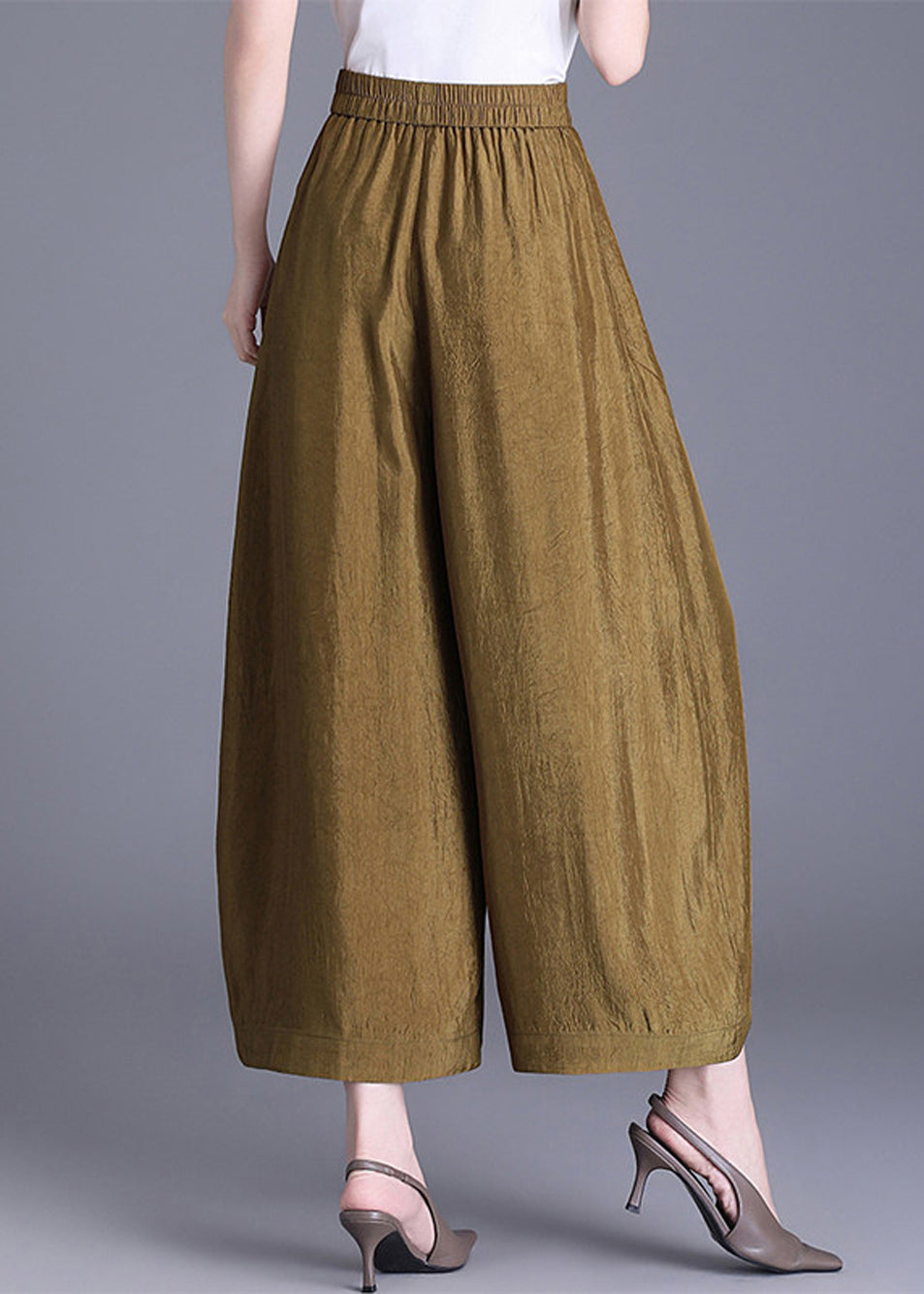 Loose Yellow Pockets Draping Elastic Waist Wide Leg Crop Pants Fall