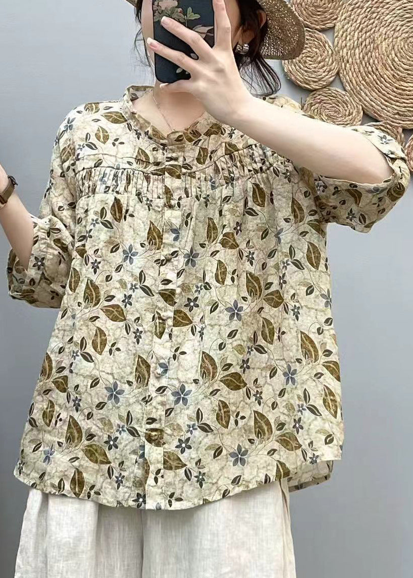 Loose Yellow Print Wrinkled Cotton Shirts Bracelet Sleeve
