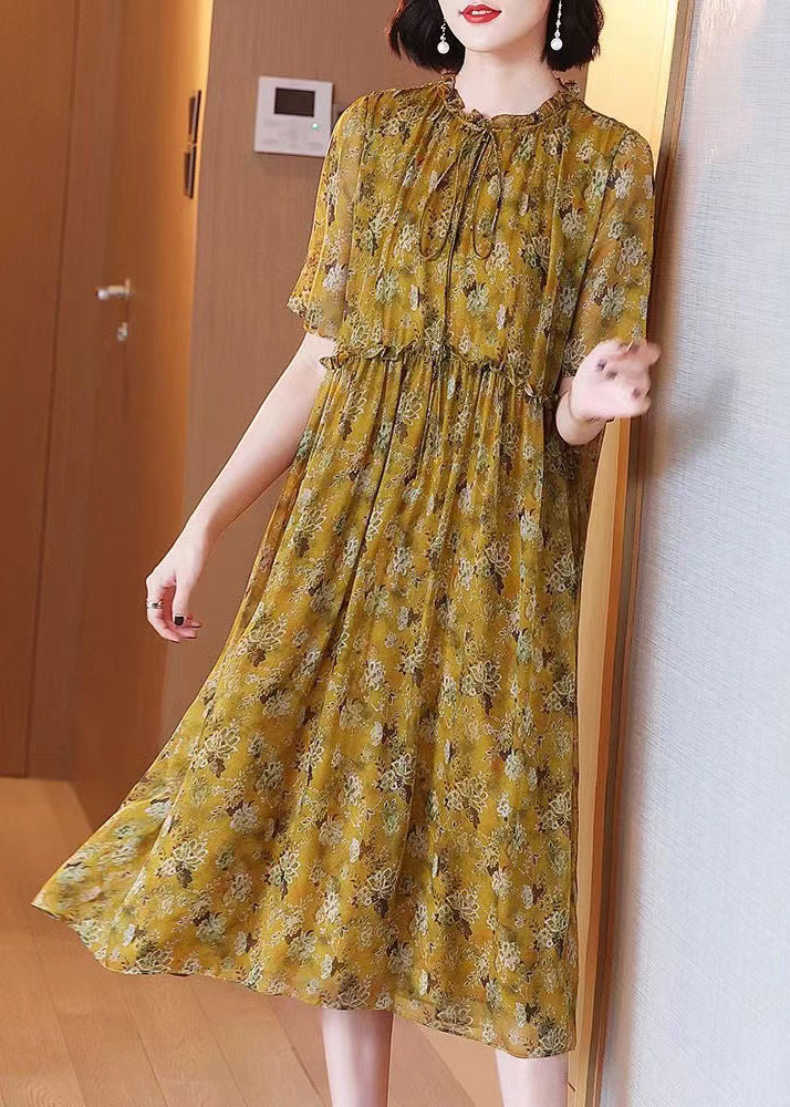 Loose Yellow Ruffled Lace Up Print Silk Dress Summer