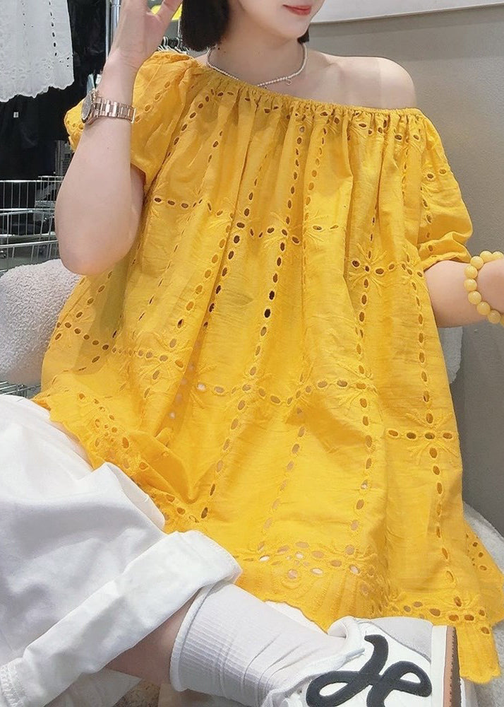 Loose Yellow Slash Neck Hollow Out Cotton Shirt Summer