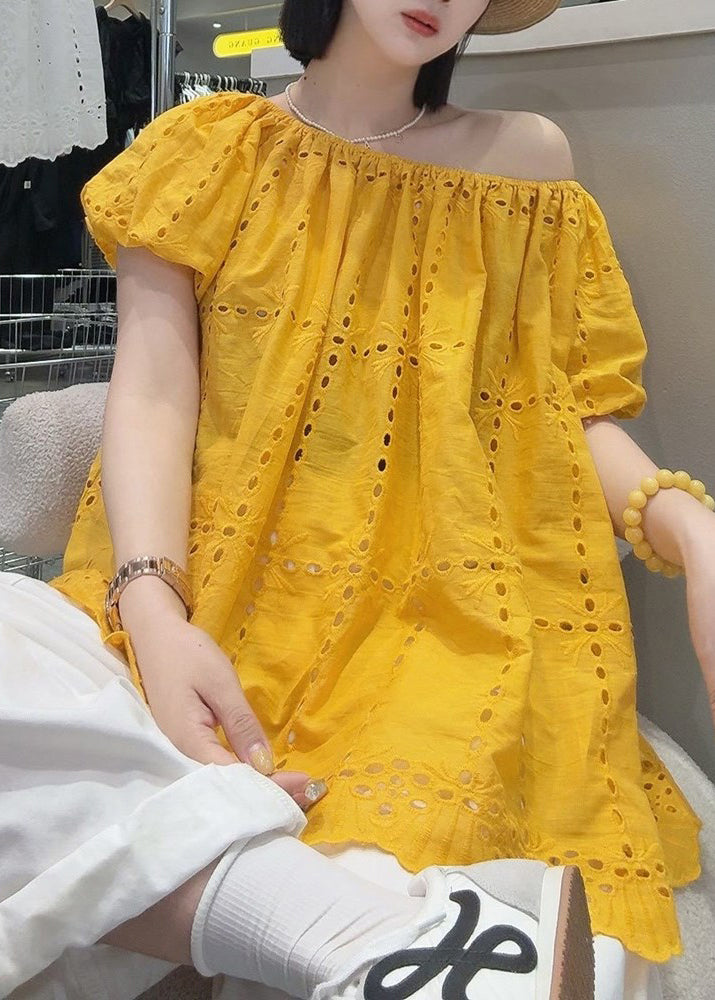 Loose Yellow Slash Neck Hollow Out Cotton Shirt Summer
