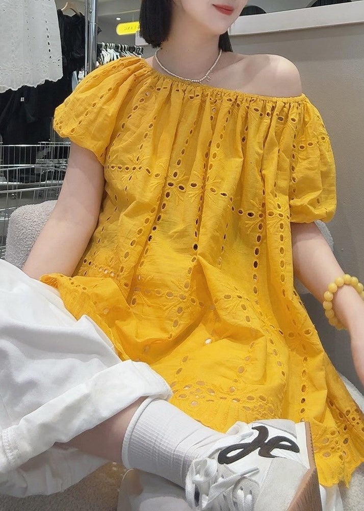 Loose Yellow Slash Neck Hollow Out Cotton Shirt Summer