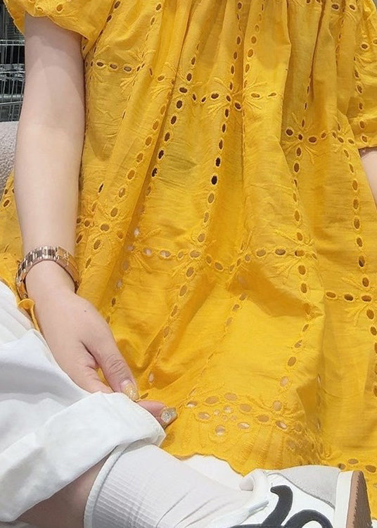 Loose Yellow Slash Neck Hollow Out Cotton Shirt Summer