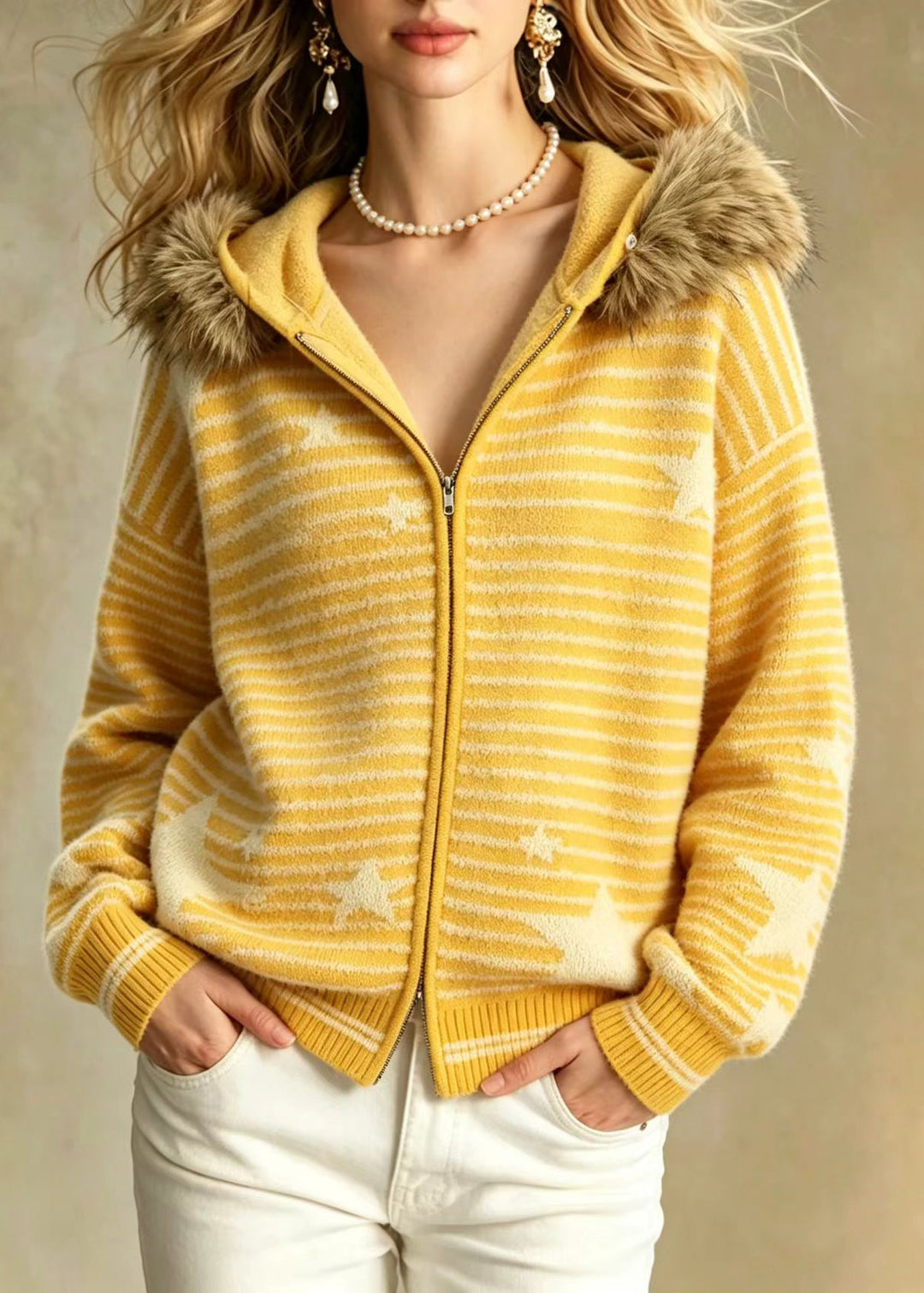 Loose Yellow Stars Faux Fur Trim Hooded Striped Mink Hair Knitted Jacket Fall