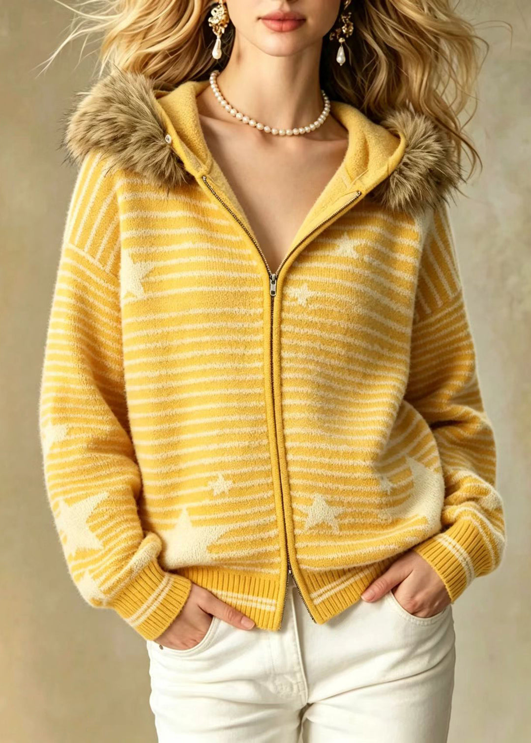 Loose Yellow Stars Faux Fur Trim Hooded Striped Mink Hair Knitted Jacket Fall