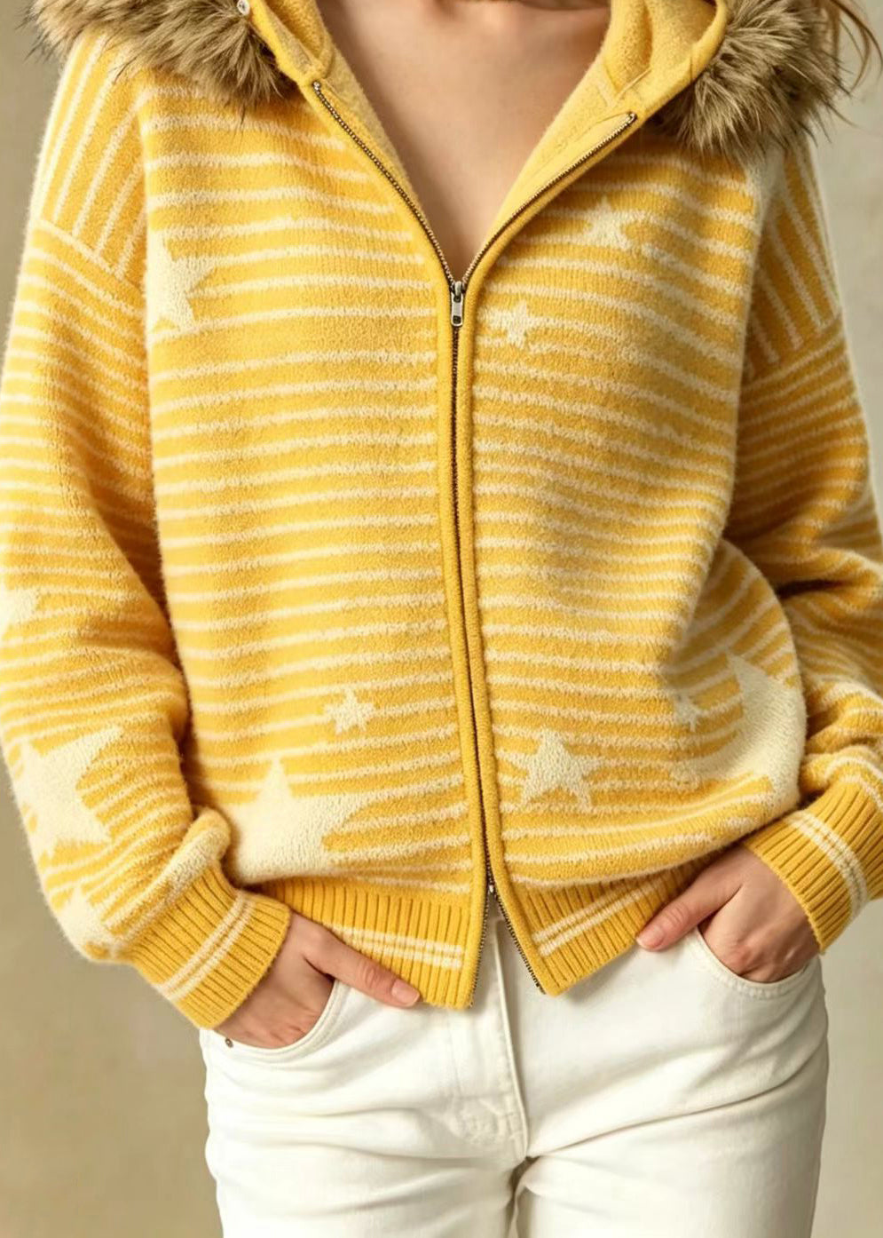 Loose Yellow Stars Faux Fur Trim Hooded Striped Mink Hair Knitted Jacket Fall
