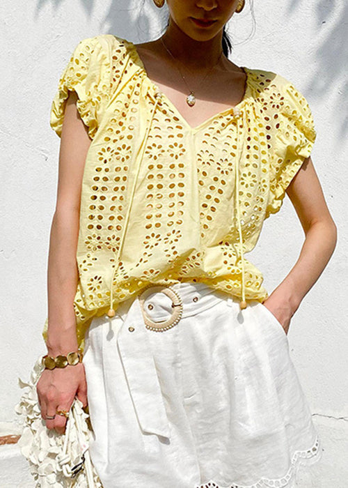 Loose Yellow V Neck Hollow Out Lace Up Cotton Tops Summer
