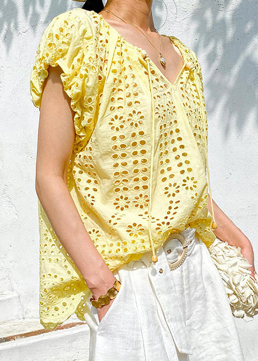 Loose Yellow V Neck Hollow Out Lace Up Cotton Tops Summer