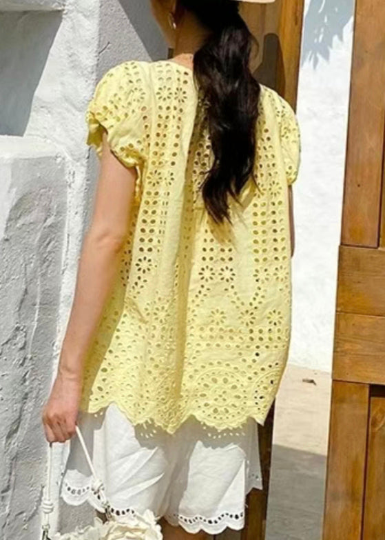 Loose Yellow V Neck Hollow Out Lace Up Cotton Tops Summer