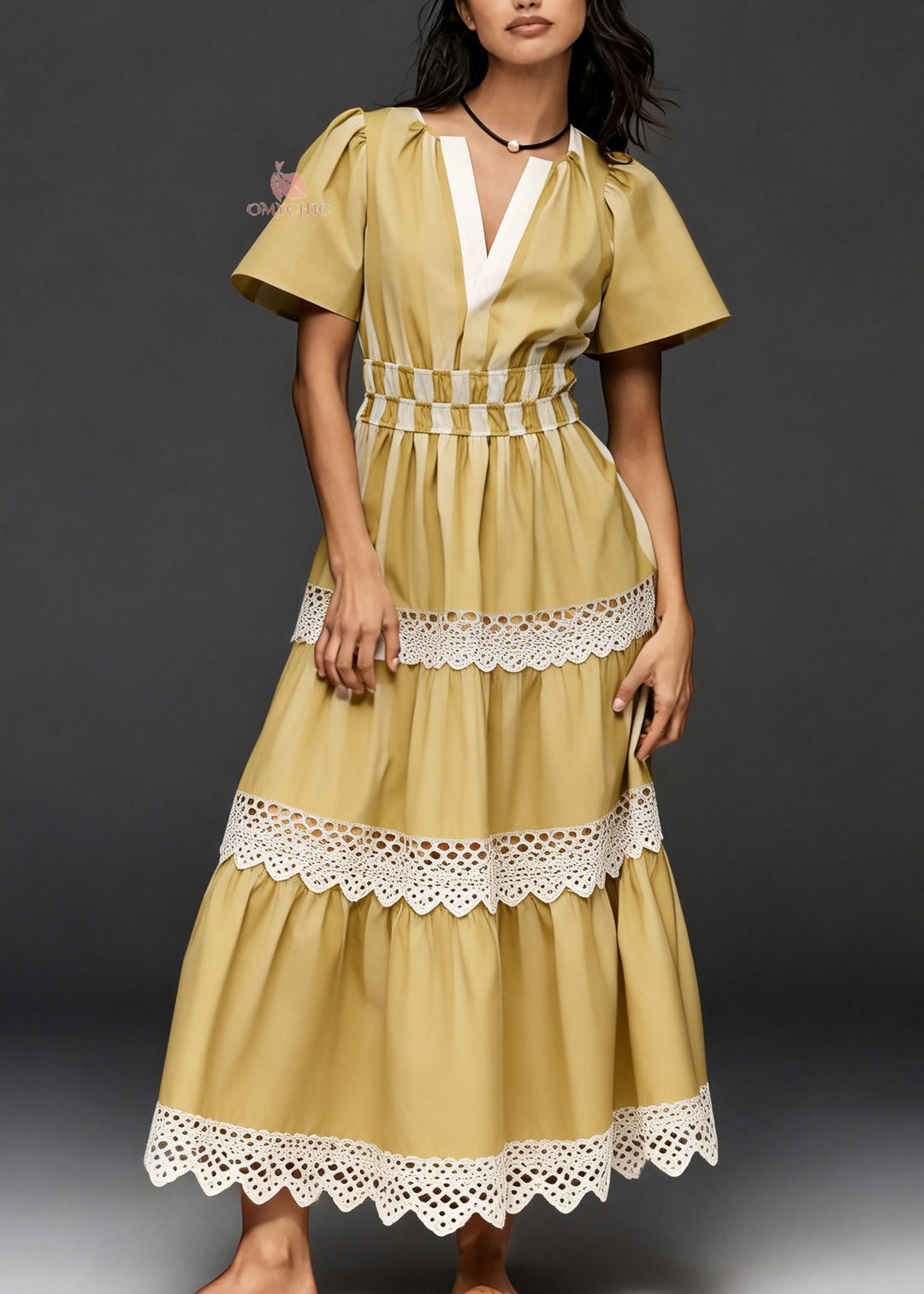Loose Yellow V Neck Lace Patchwork Cotton Vacation Dresses Summer