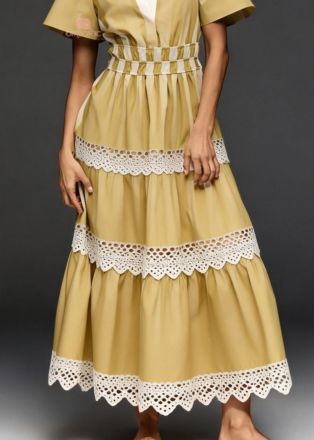 Loose Yellow V Neck Lace Patchwork Cotton Vacation Dresses Summer