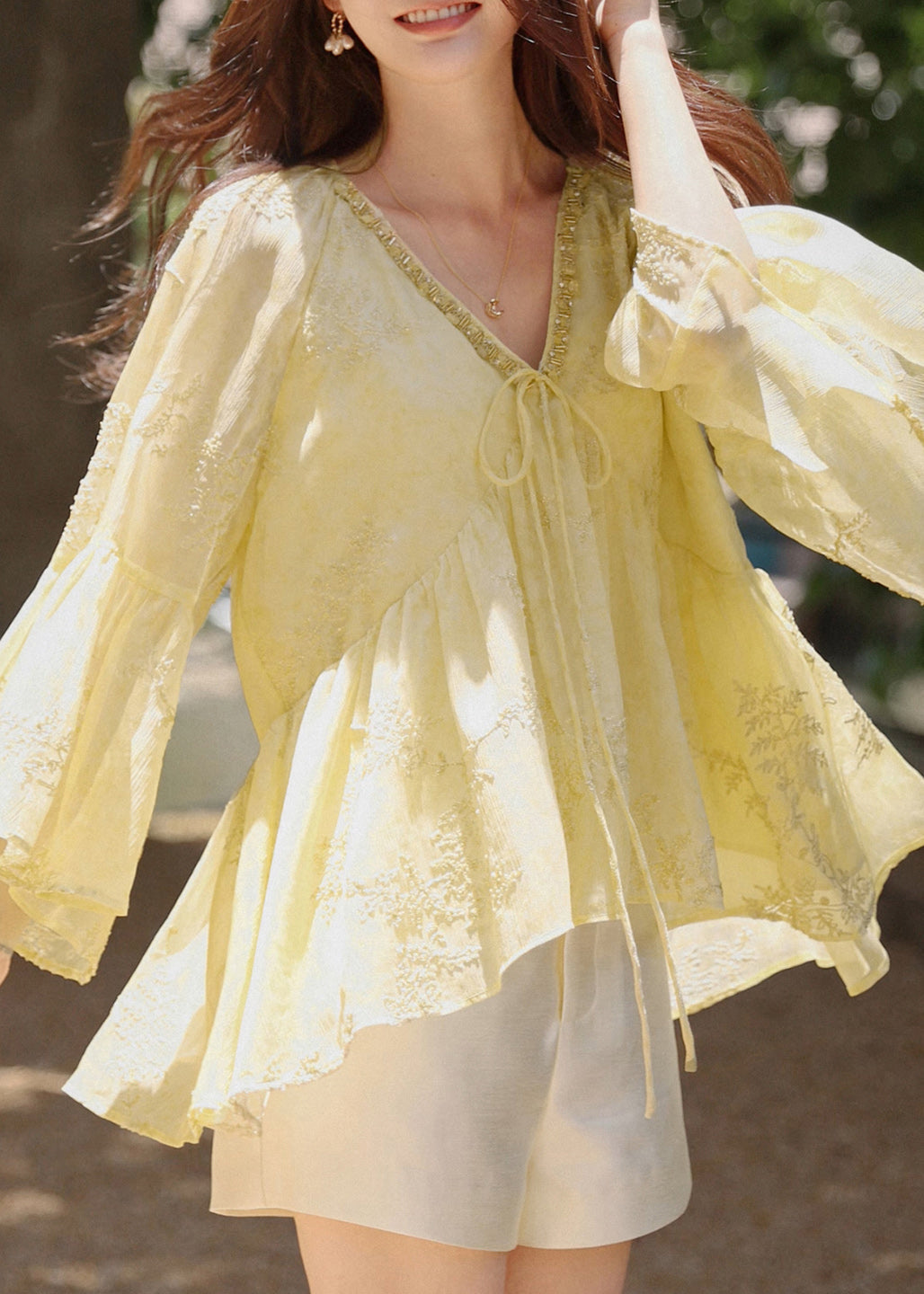 Loose Yellow V Neck Lace Up Cotton Shirt Flare Sleeve