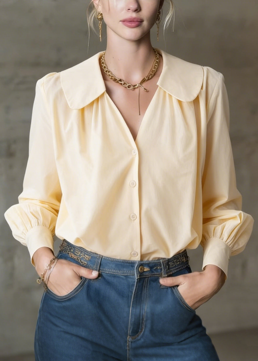 Loose Yellow V Neck Patchwork Cotton Shirt Top Spring