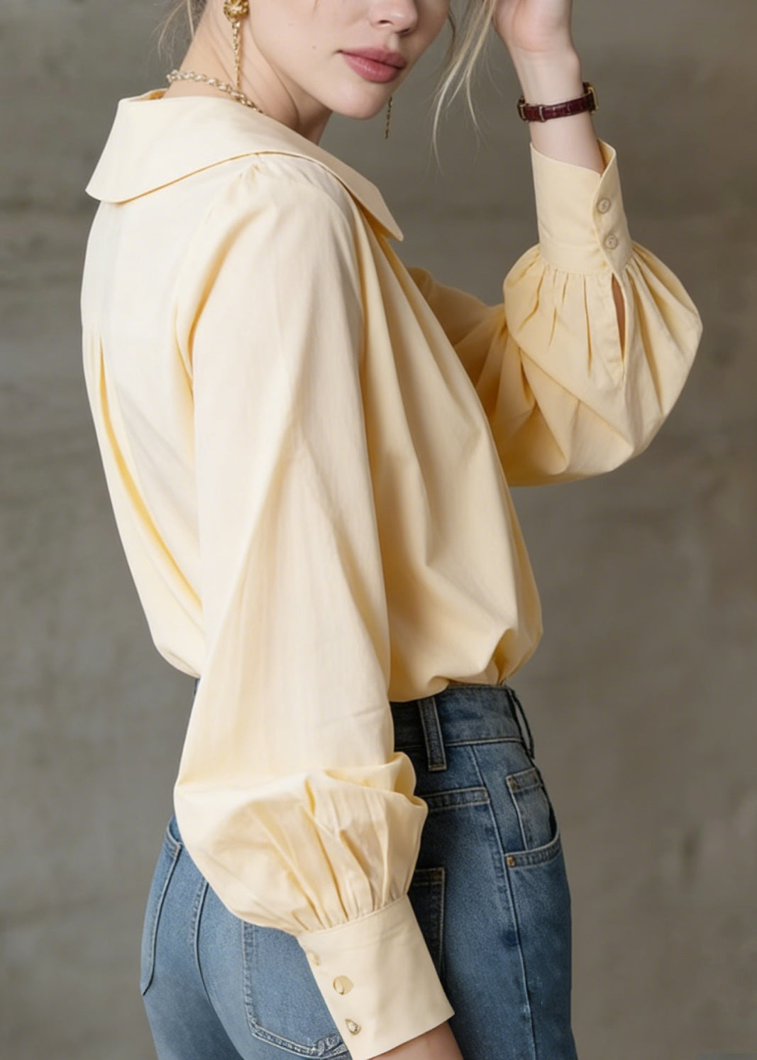 Loose Yellow V Neck Patchwork Cotton Shirt Top Spring