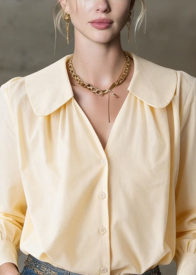 Loose Yellow V Neck Patchwork Cotton Shirt Top Spring