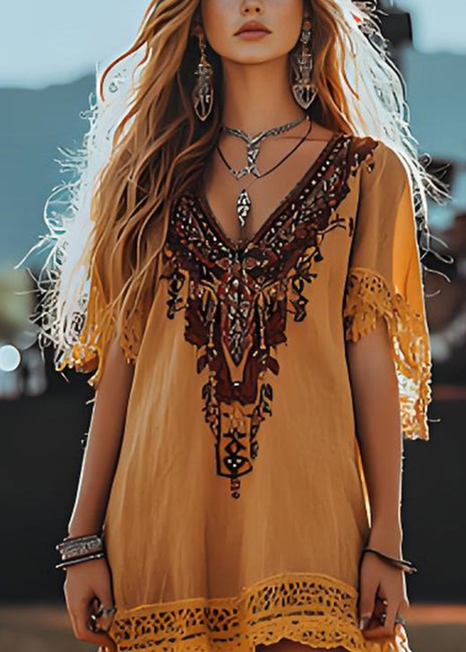 Loose Yellow V Neck Print Lace Patchwork Cotton Mid Dresses Summer