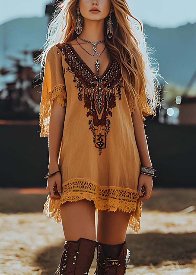 Loose Yellow V Neck Print Lace Patchwork Cotton Mid Dresses Summer