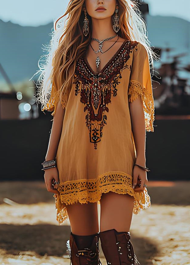 Loose Yellow V Neck Print Lace Patchwork Cotton Mid Dresses Summer