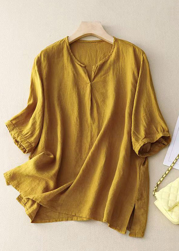 Loose Yellow V Neck Side Open Linen Shirt Half Sleeve