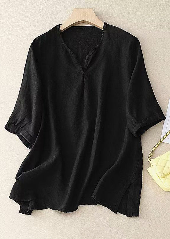 Loose Yellow V Neck Side Open Linen Shirt Half Sleeve