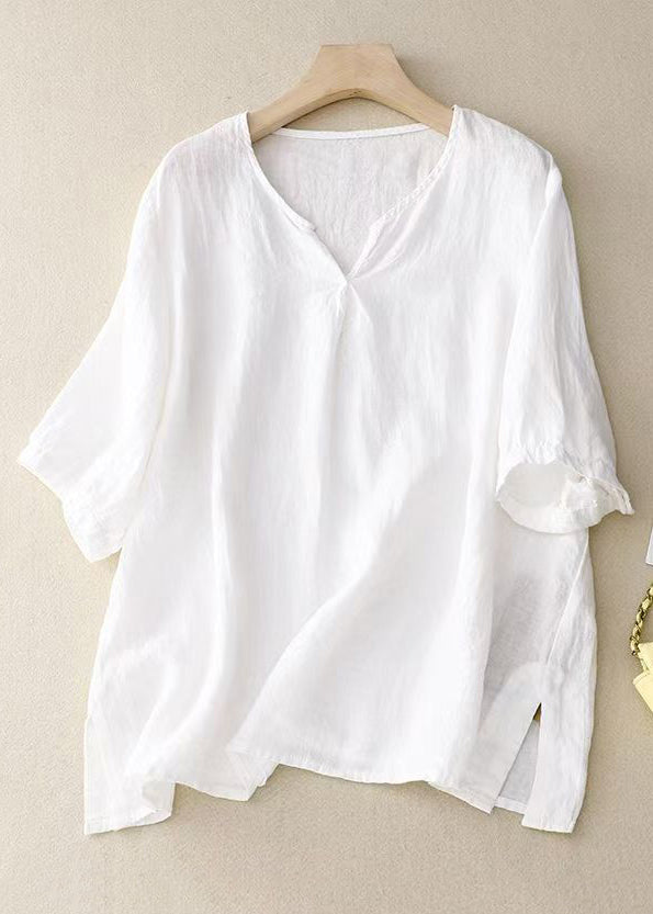 Loose Yellow V Neck Side Open Linen Shirt Half Sleeve