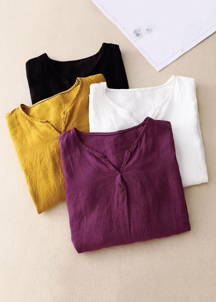 Loose Yellow V Neck Side Open Linen Shirt Half Sleeve
