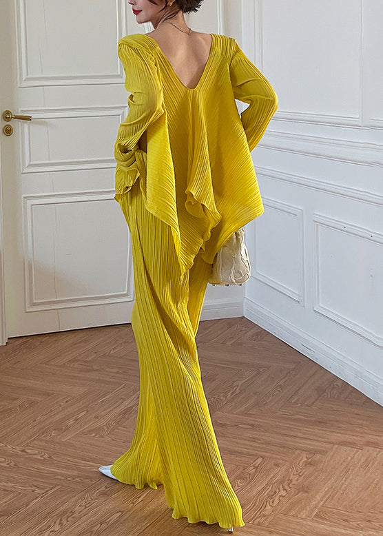 Loose Yellow V Neck Wrinkled Elastic Waist Two Piece Set Fall